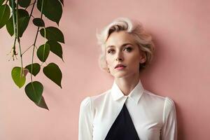 a woman in a white shirt and black tie standing next to a plant. AI-Generated photo