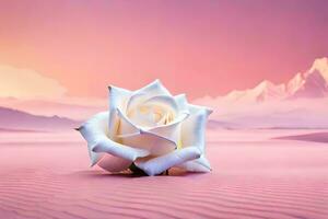 a single white rose sits in the sand. AI-Generated photo