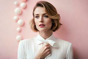 hermosa mujer con corto pelo y blanco camisa posando en contra rosado antecedentes. generado por ai foto