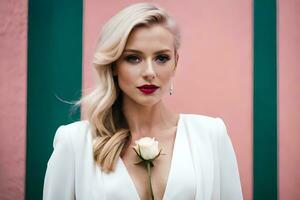 a beautiful blonde woman in a white dress holding a rose. AI-Generated photo