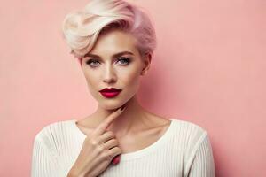 beautiful woman with pink hair and red lipstick. AI-Generated photo