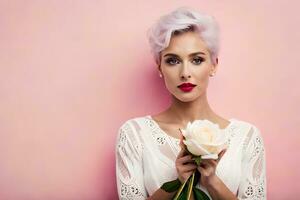 un mujer con rosado pelo y blanco Rosa. generado por ai foto