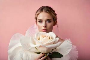 hermosa mujer con blanco Rosa en rosado antecedentes. generado por ai foto