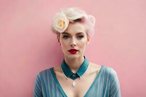 a woman with a pink hair and a blue dress. AI-Generated photo