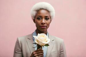 un mujer con blanco pelo participación un Rosa. generado por ai foto