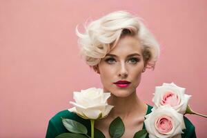 a woman with short blonde hair and pink lips holding roses. AI-Generated photo