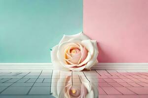 a white rose sitting on a tiled floor in front of a pink and blue wall. AI-Generated photo