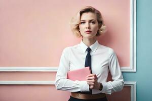 a woman in a business suit holding a pink folder. AI-Generated photo