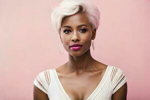 a beautiful black woman with short hair and pink lips. AI-Generated photo