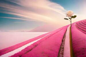 a single rose stands on a pink field. AI-Generated photo
