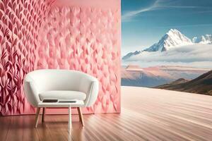 un silla en frente de un rosado pared con montañas en el antecedentes. generado por ai foto