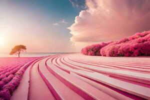 a pink landscape with steps and trees. AI-Generated photo