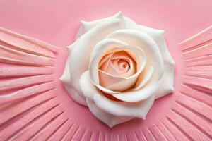 a rose is surrounded by feathers on a pink background. AI-Generated photo