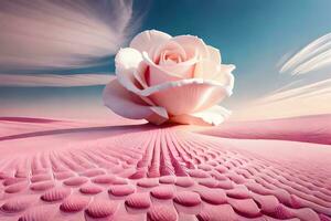 a single rose is sitting on top of a pink field. AI-Generated photo