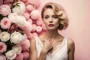beautiful woman in white dress with pink roses. AI-Generated photo