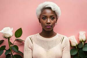 un mujer con blanco pelo y rosado antecedentes. generado por ai foto