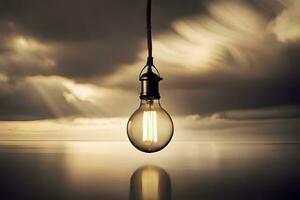 a light bulb is hanging from a rope over water. AI-Generated photo