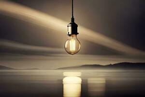 a light bulb is hanging over the water. AI-Generated photo