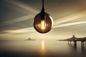 a light bulb hanging over the ocean with a lighthouse in the background. AI-Generated photo