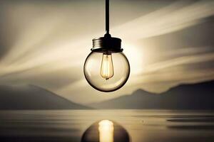 a light bulb is hanging over a lake. AI-Generated photo