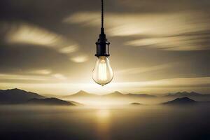 a light bulb hanging over the ocean with mountains in the background. AI-Generated photo
