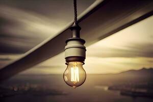 a light bulb is hanging from a bridge. AI-Generated photo