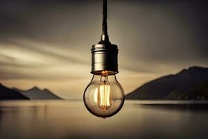 a light bulb hanging over the water with mountains in the background. AI-Generated photo