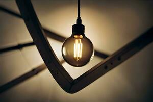 a light bulb is hanging from a wooden structure. AI-Generated photo