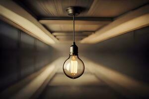 a light bulb is hanging from the ceiling in a dark room. AI-Generated photo