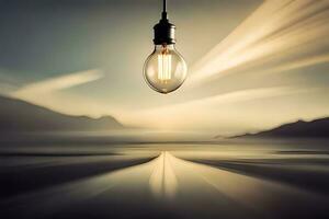 a light bulb is hanging over the water. AI-Generated photo