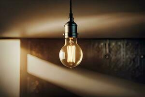 a light bulb is shining in a dark room. AI-Generated photo