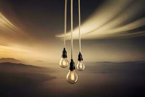 Tres ligero bombillas colgando desde un cuerda terminado un montaña. generado por ai foto