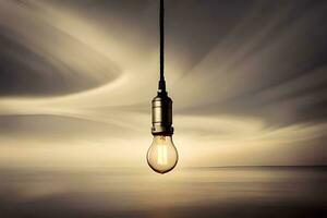 a light bulb hanging from a rope over the ocean. AI-Generated photo