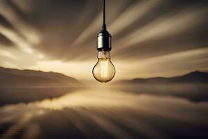 a light bulb hanging over a lake with mountains in the background. AI-Generated photo