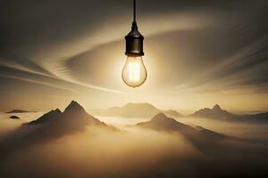 a light bulb is hanging over a mountain range. AI-Generated photo