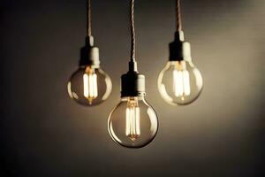 three light bulbs hanging from a string. AI-Generated photo