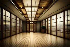 an empty room with wooden floors and windows. AI-Generated photo