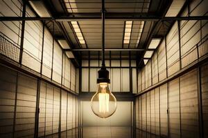 a light bulb is hanging in a dark room. AI-Generated photo