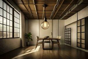 un comida habitación con un mesa y sillas. generado por ai foto