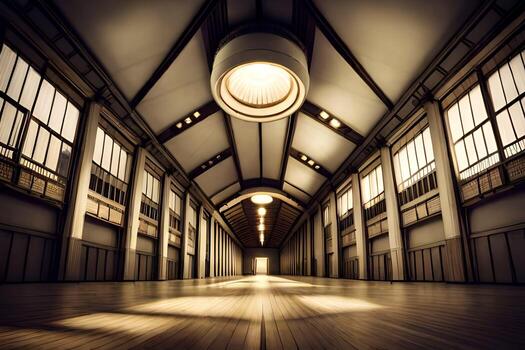 an empty hallway with a light shining on it. AI-Generated photo