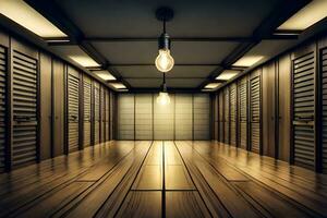 a dark room with wooden floors and a light bulb. AI-Generated photo