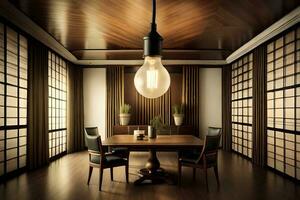 un comida habitación con un mesa y sillas. generado por ai foto