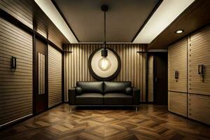 a room with a couch and a wall with wood paneling. AI-Generated photo