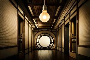 a hallway with a light bulb hanging from the ceiling. AI-Generated photo