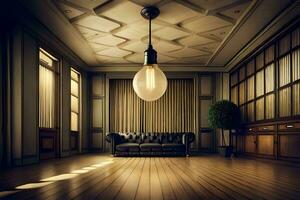 an empty room with a couch and a light bulb. AI-Generated photo