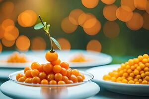 orange berries on plates with bokeh background. AI-Generated photo