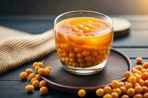 goji berry juice in a glass on a wooden table. AI-Generated photo