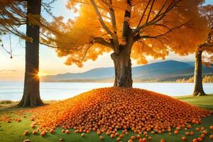 a pile of oranges on the ground by the water. AI-Generated photo