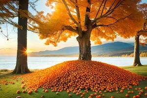 un pila de naranjas en el suelo por el agua. generado por ai foto