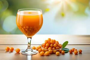 a glass of orange juice with a bowl of berries. AI-Generated photo
